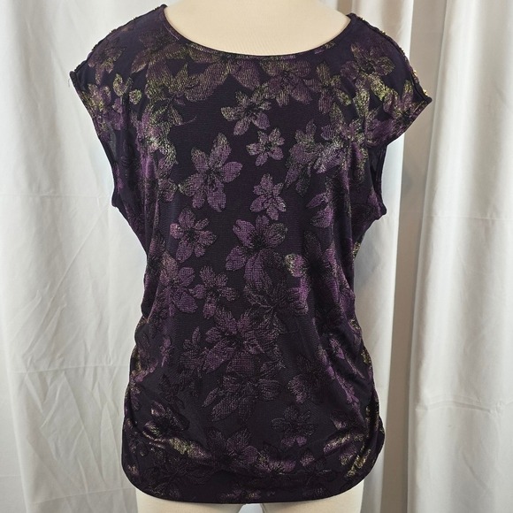 Calvin Klein Tops - Calvin Klein Women's Large Purple/Gold Floral Blouse With Gold Button Accents